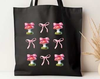 Mushroom Tote Bag with Pink Bow, Mushroom Bag, Bag Shoulder, eco friendly bag, Mushroom Book Bag, Cute Gift for Her, Nature Lover Gift.