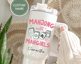 Custom Mahjong Tumbler 40oz With Handle, Mahjong Gift for Her, Mahjong Lover Gift, Personalized Game Night Cup