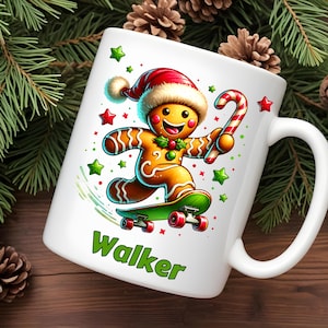 Personalized Gingerbread Christmas Mug, Holiday Gift, Skateboard Custom Mug, Festive Name Tea Cup, Winter Cocoa Mug, Hot Chocolate Cup