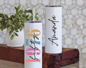 Personalized 50th Birthday Tumbler 20oz Skinny, Custom Name Cup, 50th Birthday Gift, Birthday Party Favor
