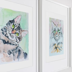 Conjunto de arte de parede para impressão de 9 pinturas originais em aquarela de gatos e cachorros, arte de parede para berçário de cães, arte original de gato, impressão em aquarela, cartão postal de gato