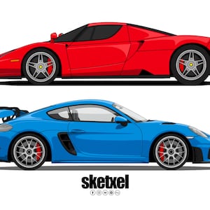 May include: Illustration of two sports cars: a red Ferrari and a blue Porsche. The Ferrari is red with silver wheels and the Porsche is blue with black accents and red brake calipers. The image includes the text "sketxel".