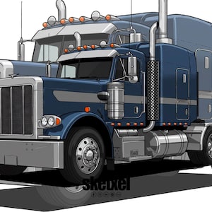 Op de afbeelding: Illustratie van twee vrachtwagens. De primaire vrachtwagen is marineblauw met zilveren accenten, een verchroomde uitlaat en een zilveren grille. De tweede vrachtwagen is lichtgrijs, gedeeltelijk zichtbaar.