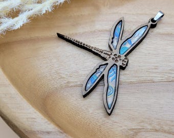 Botanical Dragonfly Pendant: Handmade Walnut Wood & Acrylic Nature Jewelry