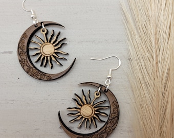 Wooden Sun & Moon Earrings: Walnut and Hickory Wood, Celestial Jewelry