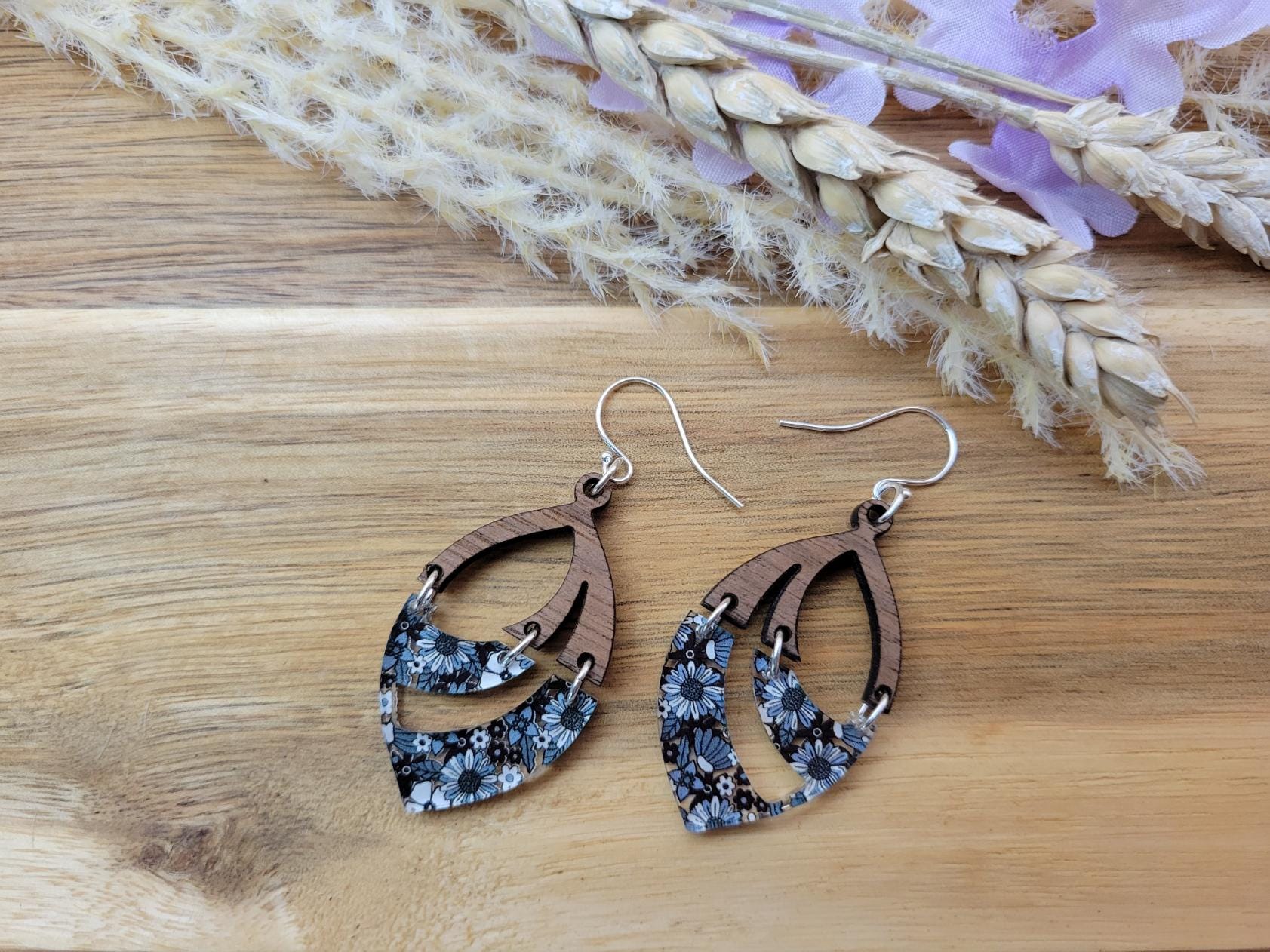 Midnight Blossom Floral Earrings | Wood and Acrylic Earrings | Botanical Boho Jewelry | Handmade Lightweight Earrings | Nature-Inspired Gift