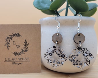 Black and White Floral Earrings: Walnut Wood & Acrylic, Scalloped Diamond Shape