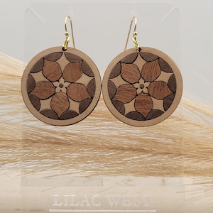 Floral Mandala Wood Inlay Earrings: Maple, Walnut & Mahogony Wood, Lightweight Boho Jewelry