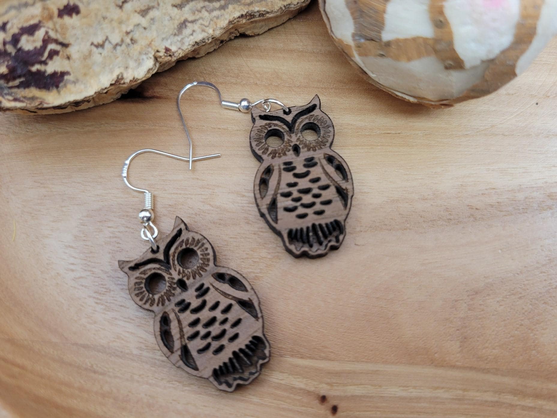 Handmade Walnut Wood Owl Earrings: Lightweight Boho Dangle Jewelry