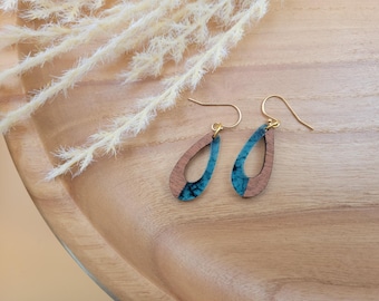 Teardrop Wood and Turquoise Earrings | Lightweight Handmade Drop Earrings | Nature-Inspired Boho Jewelry | Rustic Botanical Gift for Her