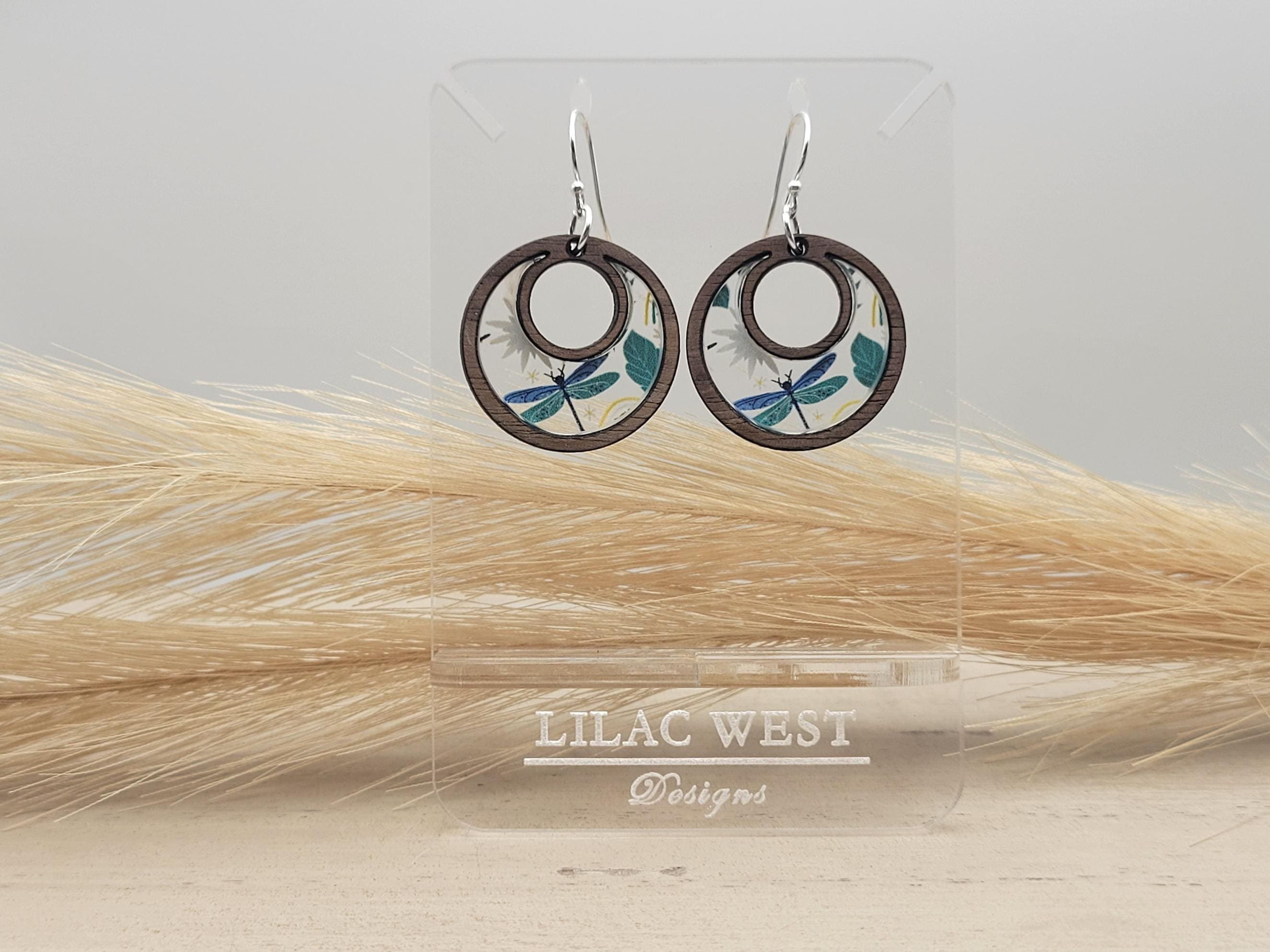 Botanical Dragonfly Earrings: Lightweight Walnut Wood & Acrylic Dangles