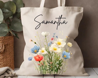 Personalisierte Name Tragetasche, Blume, individuelles Geschenk Brautjungfern Tasche Geschenk Tote Shopper Frauen Tasche Individuelle Name personalisierte Geschenk für sie