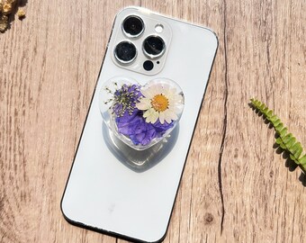 Pressed Flowers Phone Grip, Purple Heart Shaped Daisy Real Flower Mobile Phone Holder, Transparent Resin Folding Elastic Base, Pop Socket