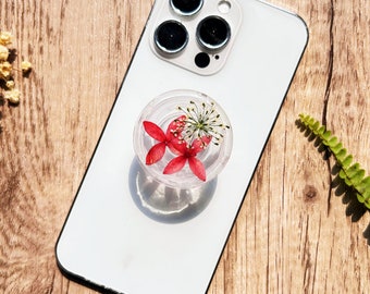 Pressed Flowers Phone Grip, Red Flowers Round Mobile Phone Holder, Transparent Resin Folding Elastic Base, Red Pop Socket, Desktop Stand