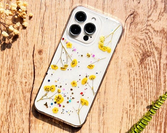 Yellow Baby's Breath Phone Case, Pressed Flower phone case for iPhone 15 14 13 12 11 Pro Max, Samsung Galaxy S23 S24 Ultra case, Pixel 4a