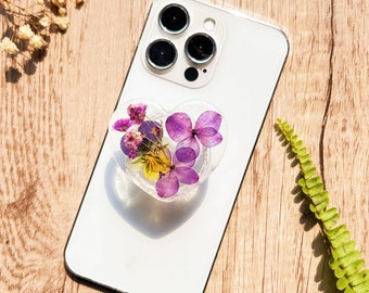 Purple Pop Socket, Pressed Flowers Phone Grip, Purple Heart Real Flower Mobile Phone Holder, Transparent Resin Folding Elastic Base