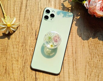 Flowers Phone Grip, Purple Real Flower Mobile Phone Holder, Transparent Resin Folding Elastic Base, Purple Pop socket , Phone Charm for gift