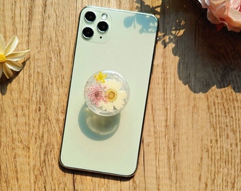 Handmade Flowers Phone Grip, White Daisy Real Flower Mobile Phone Holder, Transparent Resin Folding Elastic Base, Pop Socket，Phone Charms