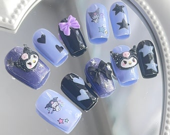 Sanrio Kuromi Pastel Purple And Black Aesthetic Press On Nails Kuromi Nail Charm Hello Kitty Bow Nail Charm