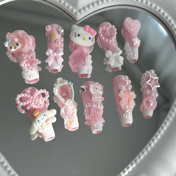 Sanrio Kawaii Pink Junk Press On Nails Hello Kitty My Melody Cinnamoroll Cute Coquette Aesthetic Pastel Nails