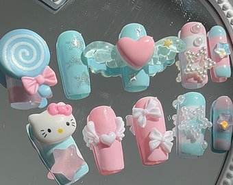 Esthétique Kawaii Sanrio Hello Kitty Appuyez sur les ongles Bleu pastel et rose Ongles mignons Ongles de bonbon