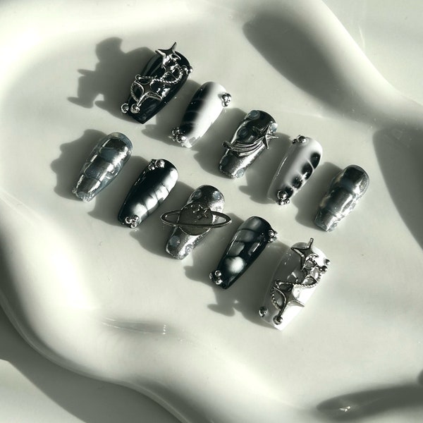 Black and White Chrome Opium Press On Nails Edgy Aesthetic Silver Nail Charms Chrome Hearts