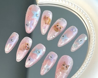Aesthetic Cute Sparkly Kitten Press On Nails/ Kawaii/ Cat Stickers/ Blue and Purple Pastel Stars