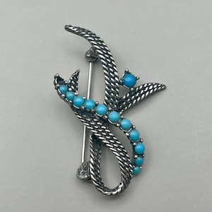 Vintage silver tone swirl brooch with faux turquoise stones - gift for her - abstract brooch