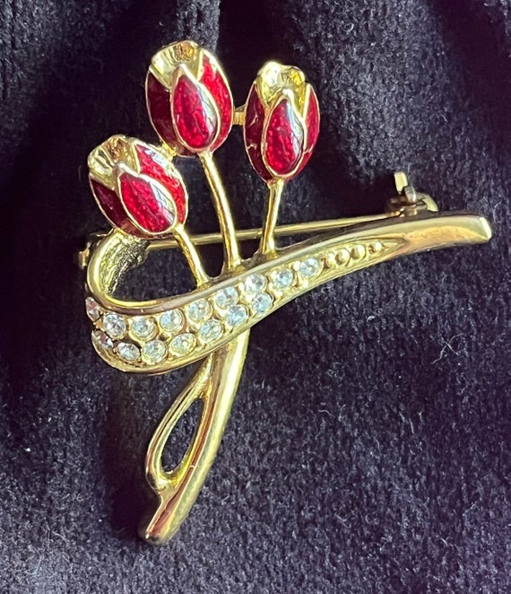 Vintage gold tone and enamel red tulips brooch - image 2