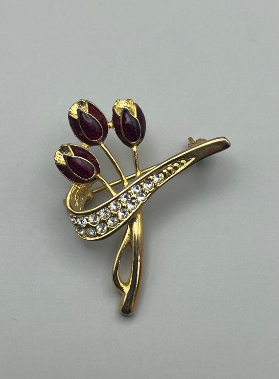 Vintage gold tone and enamel red tulips brooch - image 1
