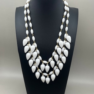 Vintage Gold Tone White Bead Necklace: Double Strand Statement Jewellery