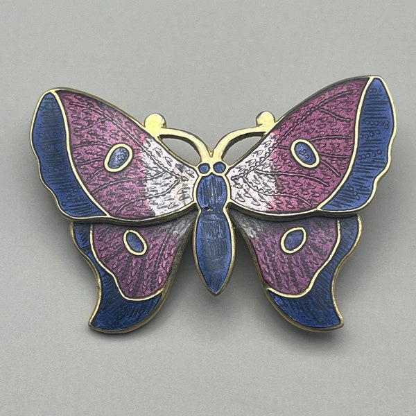 Vintage cloisonné enamel and gold tone pink and purple butterfly brooch