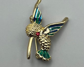 Broche Vintage Colibri En Métal Doré émaillé – Brillant Et Coloré – Oiseau