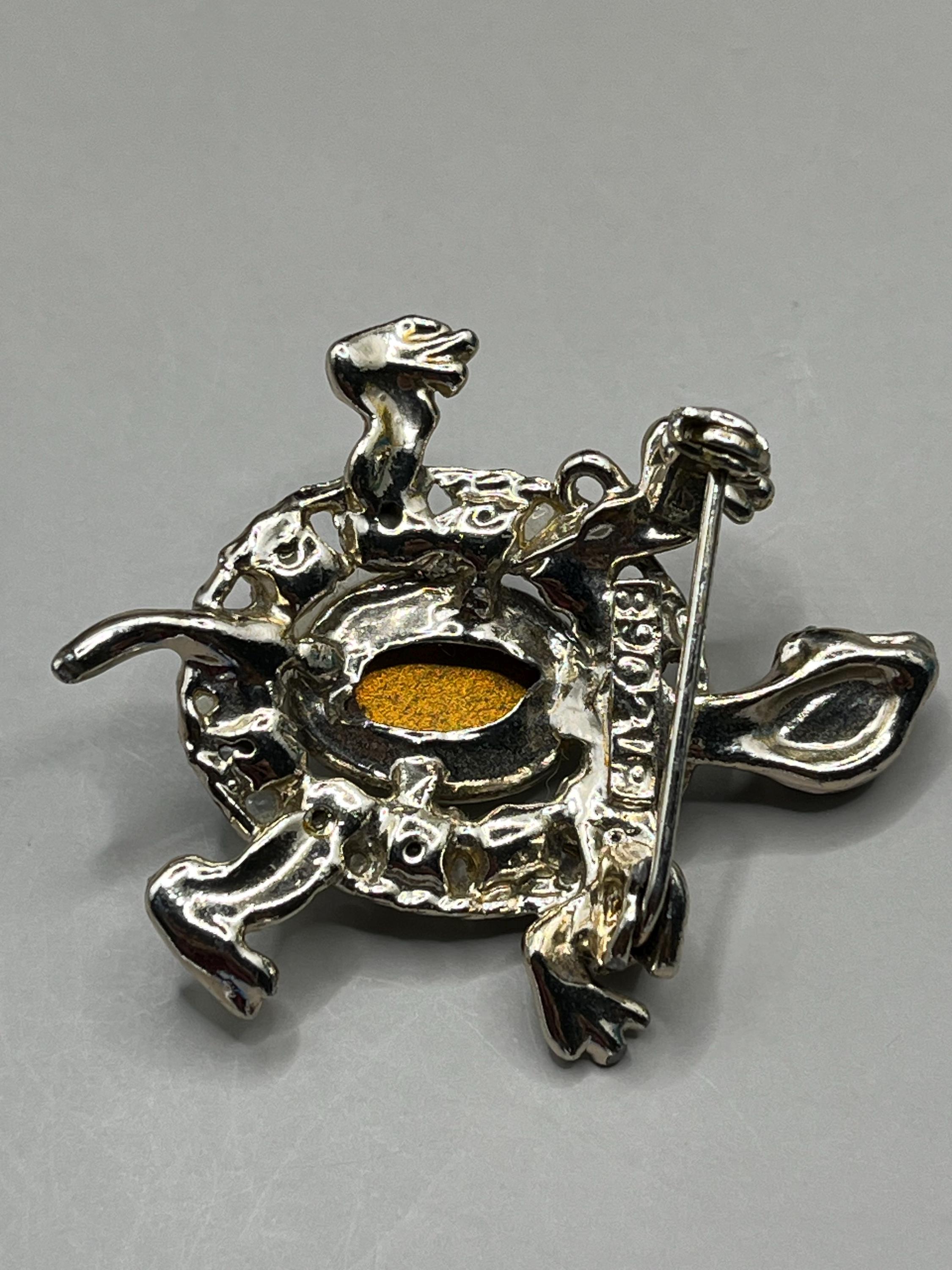 Brooche Vintage Années 40 (1940's) En Forme De Tortue - Métal Argenté (Silvertone) Incrusté De Strass Aurora Borealis - Environ 5 Cm (2 Pouces) - Occasion Avec Micro-Rayures