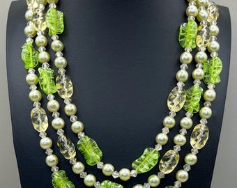 Vintage Hong Kong gold tone green and pale yellow glass bead and faux pearl triple strand necklace  - please see description for wear & tear