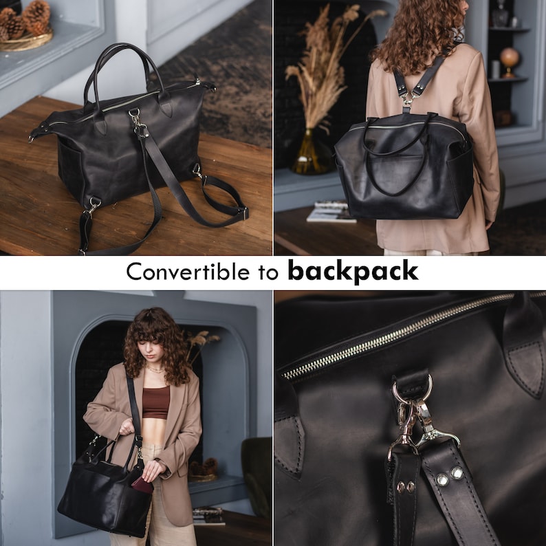 K&ouml;nnte beinhalten: Eine schwarze Ledertasche mit Rei&szlig;verschluss und abnehmbarem Trageriemen. Die Tasche kann mit den verstellbaren Riemen in einen Rucksack umgewandelt werden.  Umwandelbar in einen Rucksack.