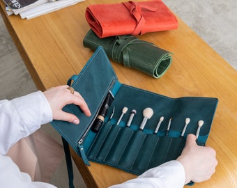 Op rol tas voor make-upkwast, organizer voor make-upkwast, houder voor make-upkwast leer, cadeaus voor make-upartiest, gepersonaliseerde tas voor make-upkwast