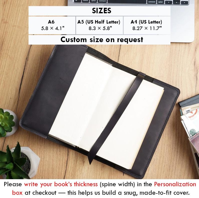 Black book cover, Leather book cover custom, Book cover 5x7, A5 book cover leather, A4 book cover, A6 book cover, Handmade book covers image 2