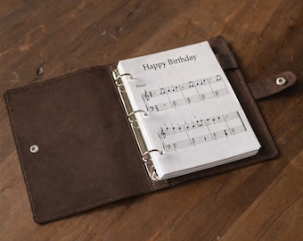 Carpeta de música de cuero personalizada, carpeta de partituras, carpeta de anillas grabada, organizador recargable, carpeta de cuero grabada