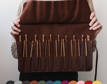 Estuche para agujas de tejer, Idea de regalo de crochet, Almacenamiento para agujas, Estuche para agujas circulares, Bolsa de cuero para tejer, Almacenamiento de herramientas de punto