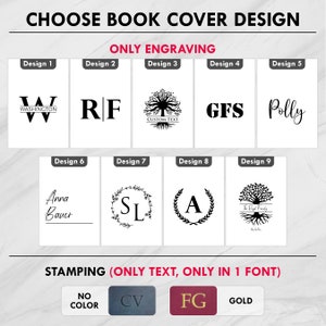 May include: Nine different book cover design options are shown. The designs include a variety of fonts, styles, and images. The designs are labelled with numbers 1 through 9. The text "ONLY ENGRAVING" is at the top of the image. The text "STAMPING (ONLY TEXT, ONLY IN 1 FONT)" is at the bottom of the image. The text "NO COLOR", "CV", "FG", and "GOLD" are shown in boxes below the text "STAMPING (ONLY TEXT, ONLY IN 1 FONT)".