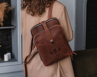 Leather handmade backpack, Leather backpacks for women, Unique leather backpack, Leather back pack purse, Monogram leather backpack