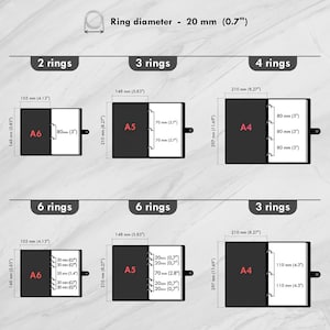 K&ouml;nnte beinhalten: Diagramm der Ringbuchformate, einschlie&szlig;lich A4, A5 und A6, mit Ma&szlig;en in Millimetern und Zoll. Das Bild zeigt Ordner mit 2, 3, 4 und 6 Ringen, und der Ringdurchmesser betr&auml;gt 20 mm.