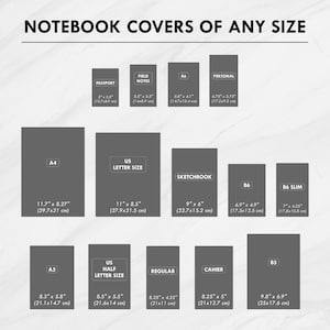 May include: Image showing various notebook cover sizes, including Passport (5" x 3.5"), A4 (11.7" x 8.27"), and US Letter Size (11" x 8.5"). Other sizes include A6, B6, and Sketchbook. Text at the top reads "NOTEBOOK COVERS OF ANY SIZE."