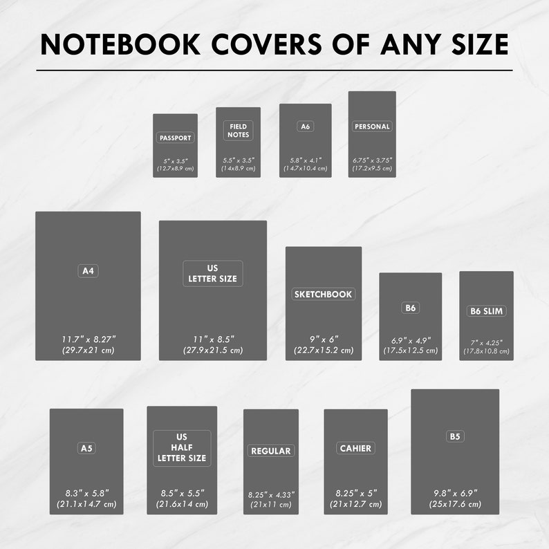 May include: Image showing various notebook cover sizes, including Passport (5" x 3.5"), A4 (11.7" x 8.27"), and US Letter Size (11" x 8.5"). Other sizes include A6, B6, and Sketchbook. Text at the top reads "NOTEBOOK COVERS OF ANY SIZE."