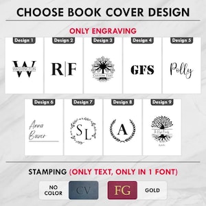 May include: Nine different designs for book covers, with options for engraving or stamping. The designs include initials, names, a tree of life, and a wreath. The engraving options are shown in black, and the stamping options are shown in black, navy blue, burgundy, and gold.