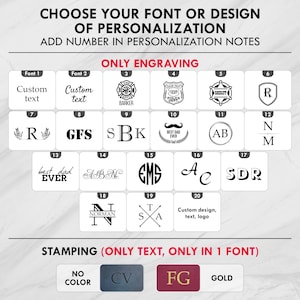 May include: Image showcasing font and design options for personalization. Includes various fonts, symbols, and text options for engraving, along with stamping options. The text reads "CHOOSE YOUR FONT OR DESIGN OF PERSONALIZATION" and "ADD NUMBER IN PERSONALIZATION NOTES."