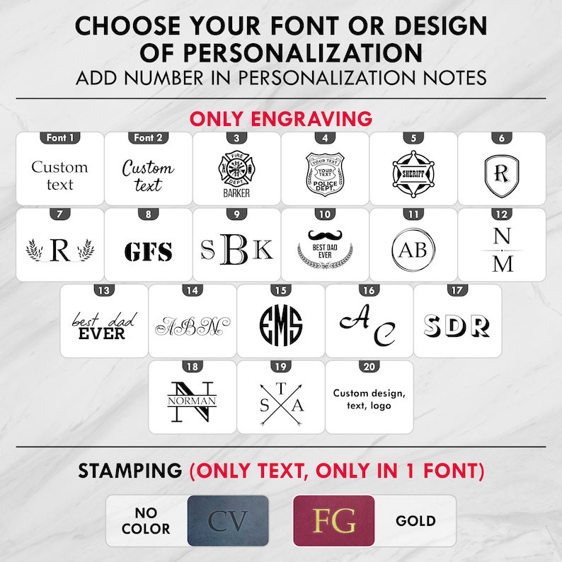 Op de afbeelding: Een tabel met verschillende lettertype- en ontwerpmogelijkheden voor personalisatie. De tabel is onderverdeeld in twee secties: "Alleen graveren" en "Stempelen (alleen tekst, alleen in &eacute;&eacute;n lettertype)". De sectie "Alleen graveren" toont 20 verschillende lettertype- en ontwerpmogelijkheden, genummerd van 1 tot 20. De sectie "Stempelen (alleen tekst, alleen in &eacute;&eacute;n lettertype)" toont drie verschillende lettertype-opties: "Geen kleur", "CV" en "FG".