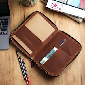 Portafolio con logo, Funda de libro con cremallera, Portafolio con cremallera, Portafolio de piel A4, Portafolio de piel para hombre, Portafolio para libretas