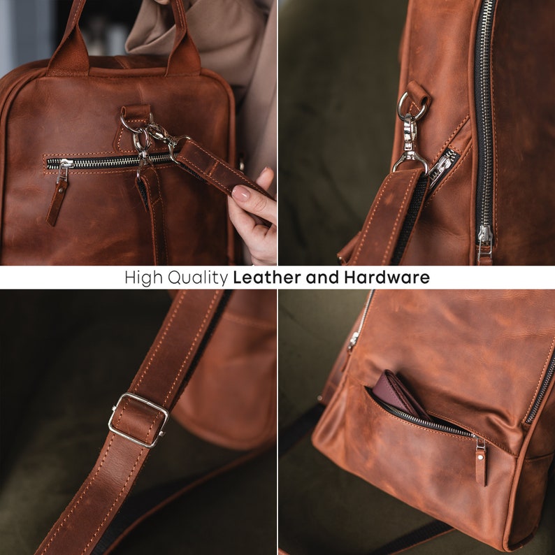 May include: A brown leather backpack with a zippered pocket and a strap. The backpack has a silver buckle and a silver zipper pull. The text "High Quality Leather and Hardware" is printed on the image.